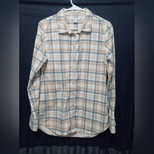 Garnet Hill Women’s Plaid Flannel Button Down Shirt - Cream Tan Blue - Size M